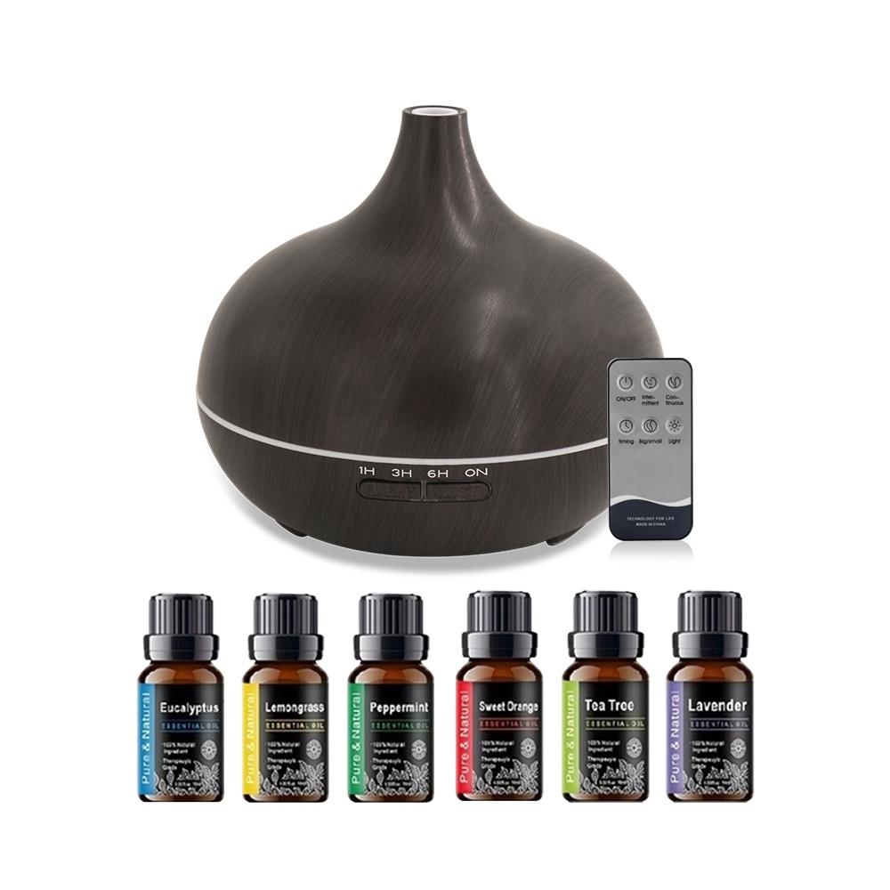 550ml Wood Grain Essential Oil Diffuser with Remote Control  Ultrasonic Cool Mist Humidifier, 7 Color LED Lights & 6 Essential O
