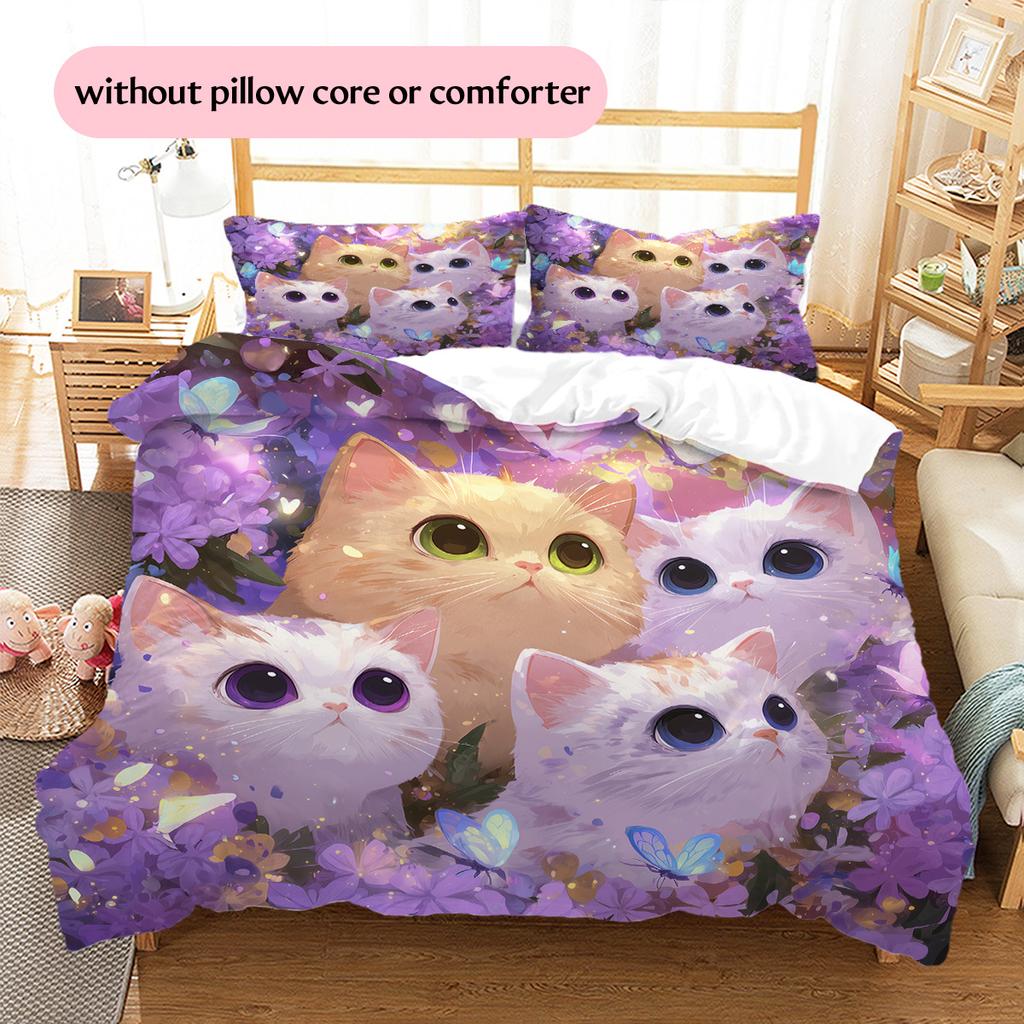 Purple Tabby Cat Pattern Bedding Quilt Set Quilt Cover Pillowcase Home Decoration Gift (1 * duvet cover + 2 * pillowcase, without core)