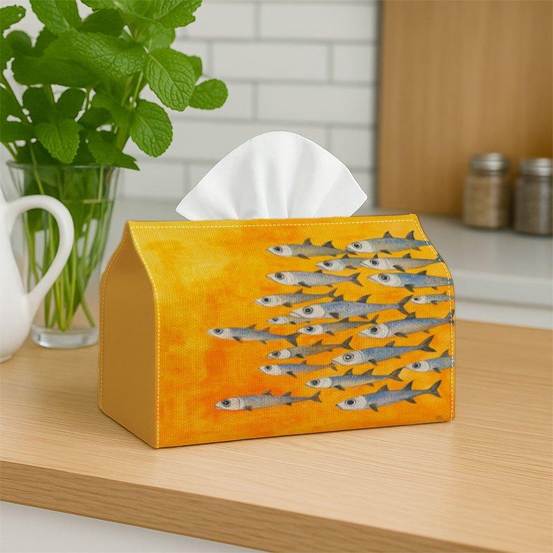 1pc, 2d Flat Printing, Tissue Box Artistic Abstract Fish Design Tissue Box Holder In Yellow And Grey, Featuring a Marine-Themed Textured Vibrant Soft