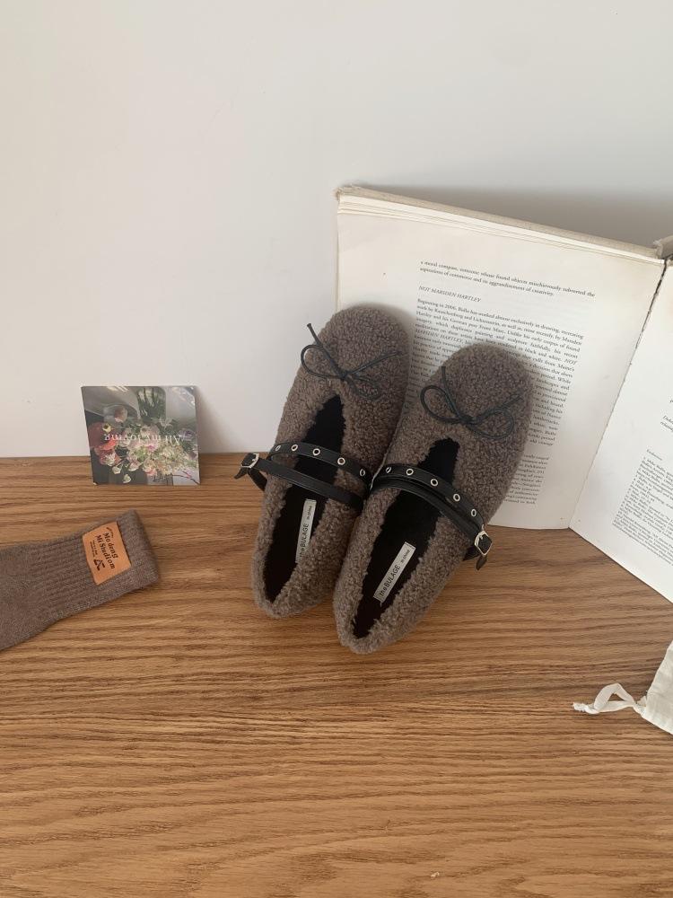 French autumn and winter bow, light mouth, round head, fluffy shoes, flat-soled warm ballet single shoes, ballet cotton shoes