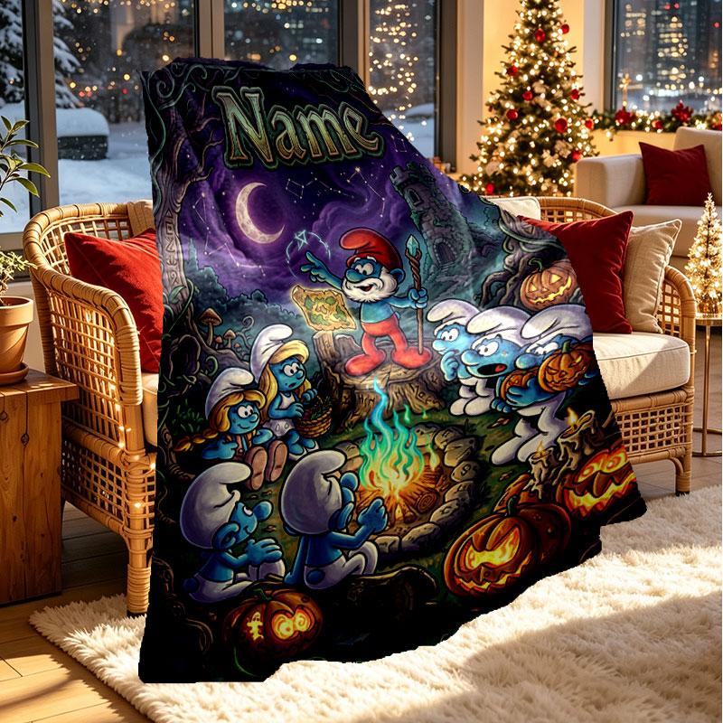 Custom Name Personalized The Smurfs Print Blanket, Home Decor, Bedroom, Sofa, Camping, Couch, Gifts for Birthday Christmas