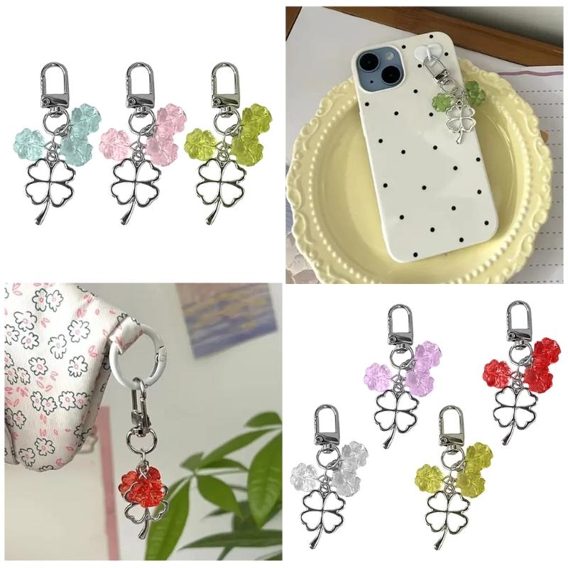 Unique Four Leaf Clovers Pendant Keychain Handmade Phone Chain Beaded Cellphone Lanyard Jewelry for Wallets and Keys