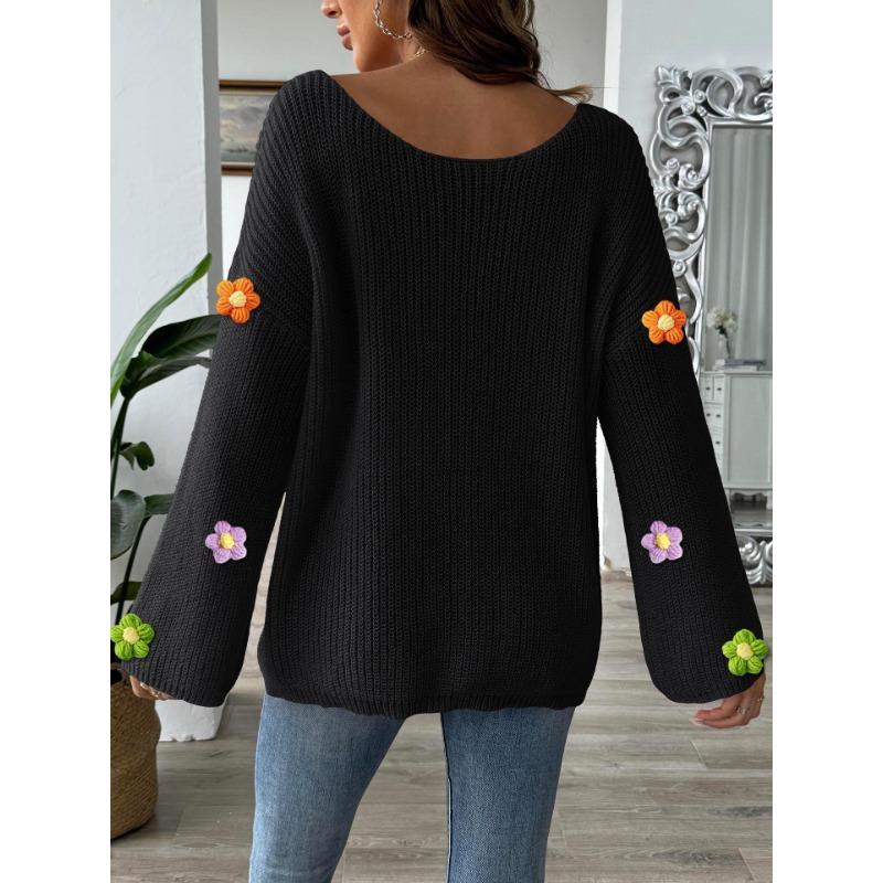 Women's Autumn/winter Hand-hooked Floral Patchwork Sweater with Simple Loose One-line Neck Off-the-shoulder Flared Sleeves