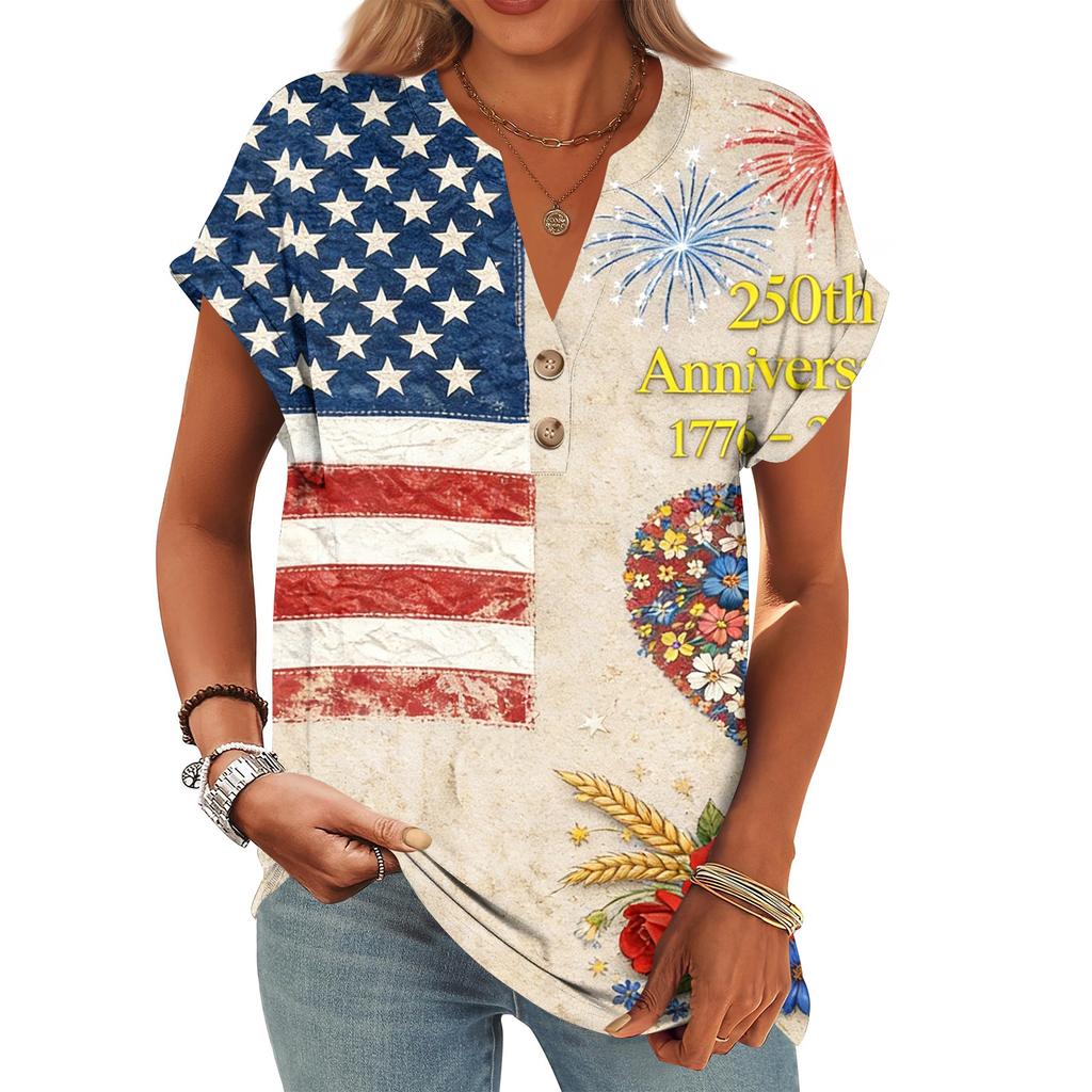 Women's Fashionable Casual Loose-Fit Short-Sleeved Button-Up V-Neck Printed T-Shirt Top