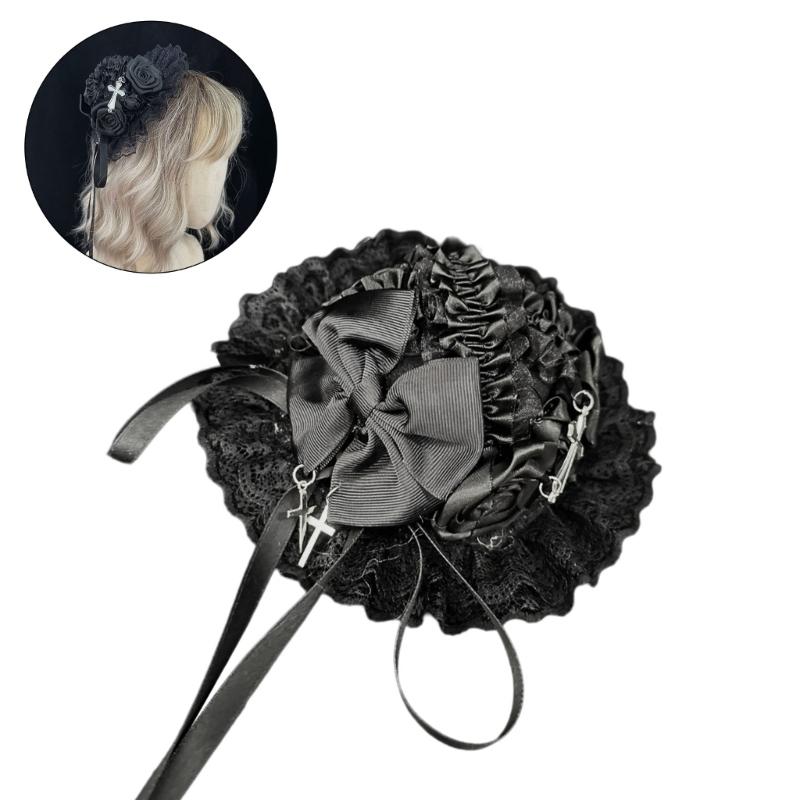 Small Hat Ribbon Lace Barrettes for Women Flapper Fascinator Accessories for Cosplay Elegant Crosses Rose Cosplay