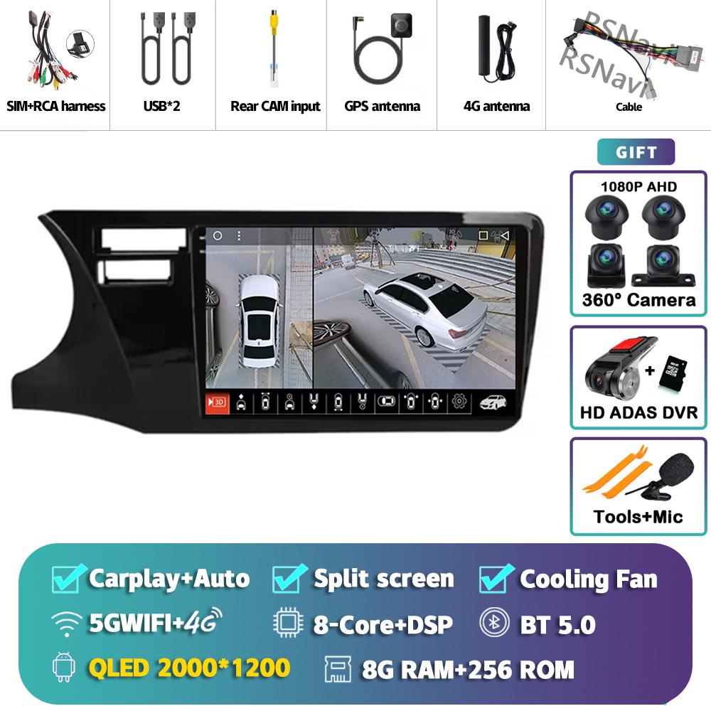 Android 14 Carplay Auto For Honda City 2014 - 2017 Car Radio Player Multimedia stereo Navigation 4G+WIFI Head Unit 2Din AI Voice