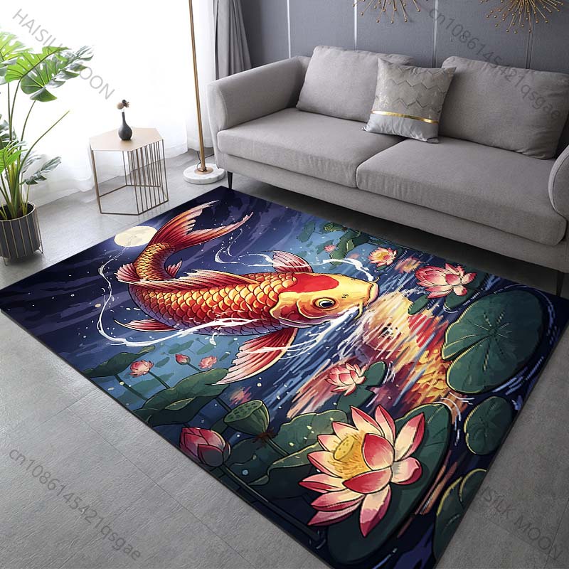 Multiple sizes Koi under moonlight water lilies Carpet for Living Room Bedroom Home Decor Rug Non-slip Floor Mat Luxury Gift
