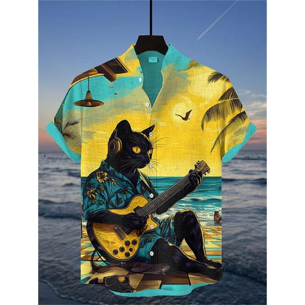 Men's Street Style Short-sleeved Shirt, Quirky Black Cat and Shark Print Casual Men's Top, Trendy and Fashionable Hawaiian Shirt