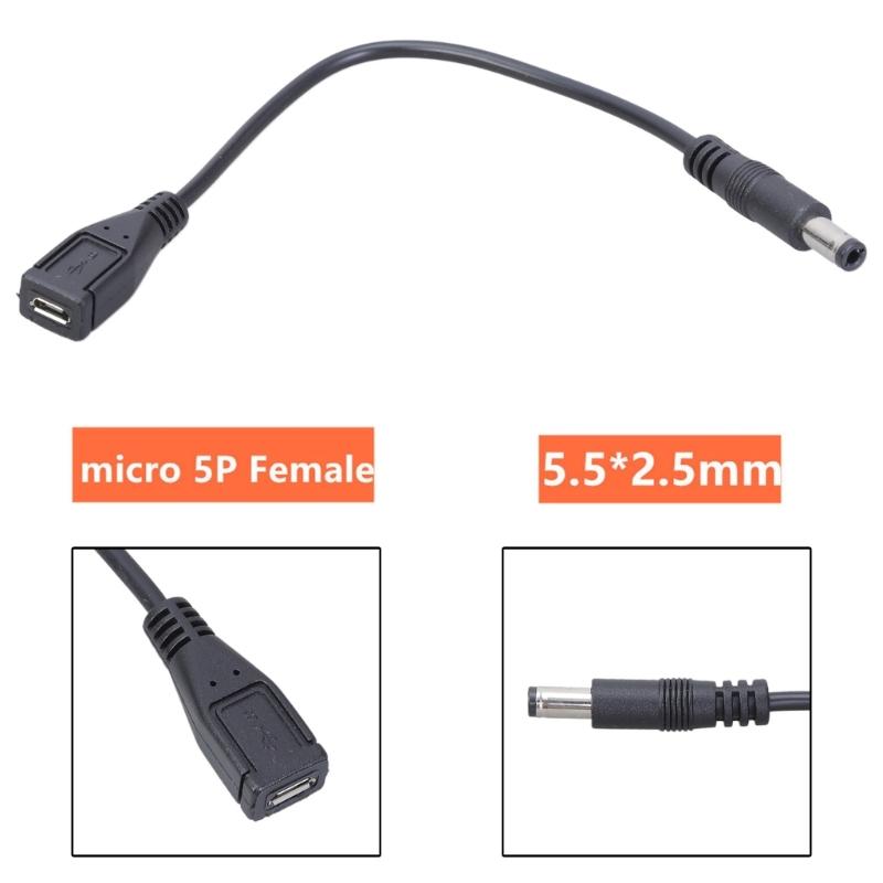 5Pin Micro USB Female 5V DC 5.5x2.5mm Male Adapter Connector Cable 22AWG Copper- Wire 20CM/7.87in Support 5.5x2.1mm