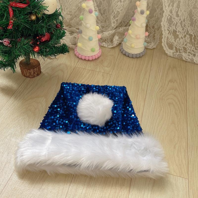 Adult Santa Hat with Sequins Thicken Plush for Holiday Comfort Liner Christmas New Year Symbol Cap with White Brim