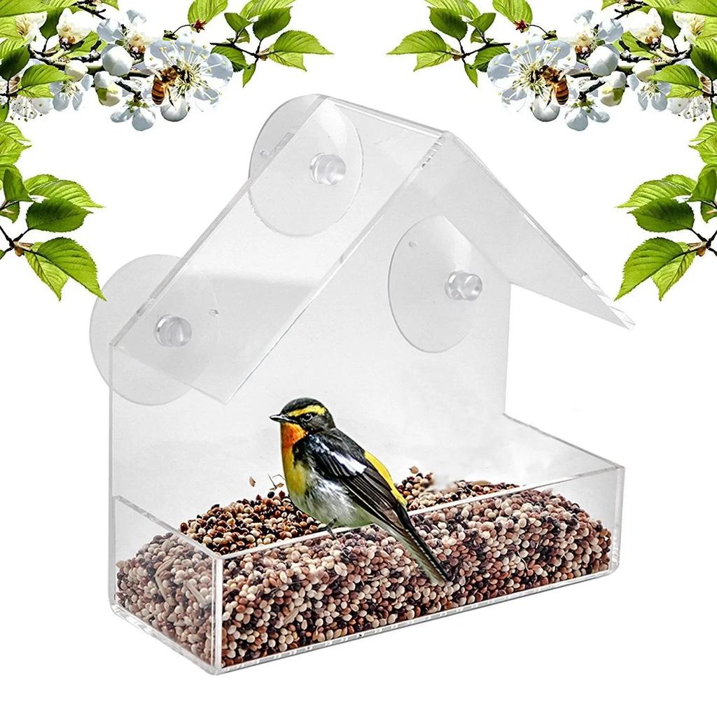 Suction Cup Bird Feeder Transparent Window Bird Feeder Tray Hanging House Shape Pet Feeder Outdoor Garden Bird Food Dispenser