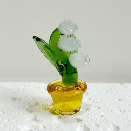 Mini Glass Lily of The Valley Flower with Pot Hand Blown Faux Crystal Flower Figurine for Mother's Day Birthday Table Centerpiece