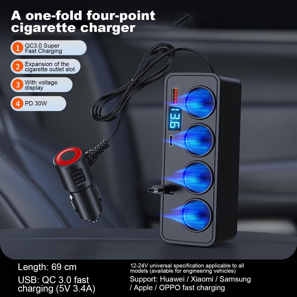 Car Lighter One To Four Lighter Multi-function Adapter Plug Super Fast Charging Retractable Cable Car Charger
