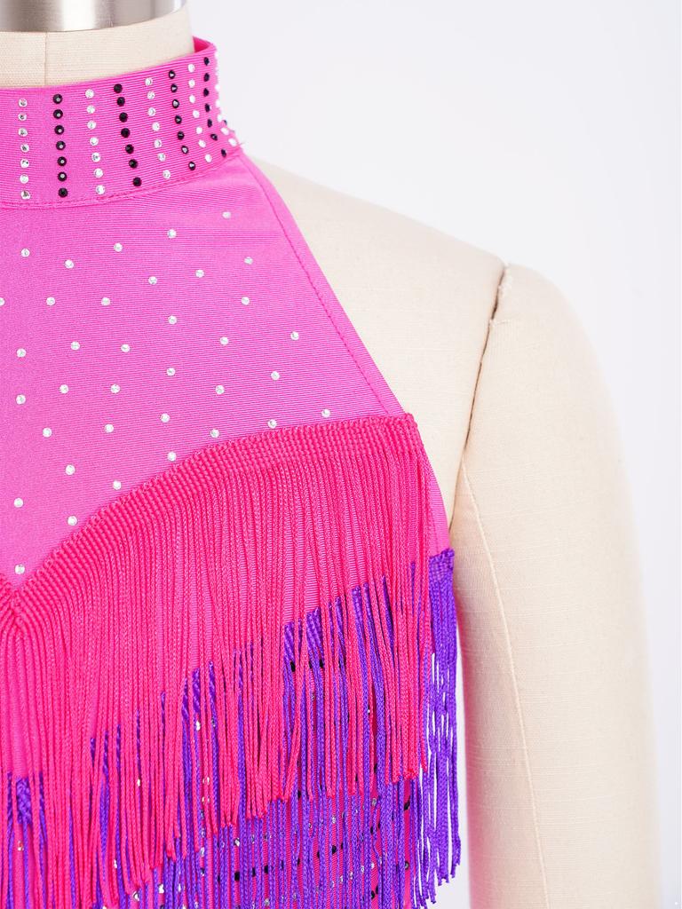 Top Corto Brillante con Borlas para Niñas, de Tirantes, sin Mangas, Espalda Descubierta, con Pantalón Corto Incorporado, Conjunto para Competición Latina