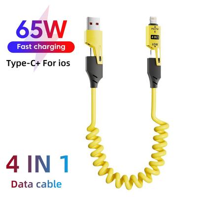 Fast Charger 65W 4 In 1 Spring Short Data Cable 6A USB Type C Spring Telescopic Quick Charger Wire Spring USB Cable for iPhone