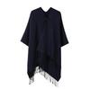 Women’s V‑Neck Knitted Poncho Cape with Toggle Buckle – Mid‑Length Autumn Winter Fringe Shawl Cardigan
