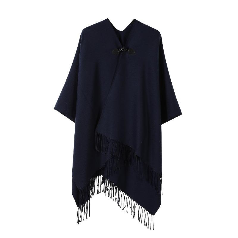 Women’s V‑Neck Knitted Poncho Cape with Toggle Buckle – Mid‑Length Autumn Winter Fringe Shawl Cardigan