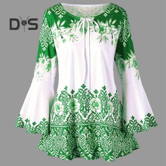 Women Top Flower Print Horn Sleeve A Line Loose Hem Lace Up Round Neck Slim Fit Tight Waist Contrast Color Lady Spring Fall Blouse Top