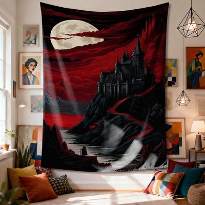 Dark Castle Scene Tapestry  Red Sky Moon Background Fantasy Landscape Polyester Fabric for Bedroom or Dorm Decor