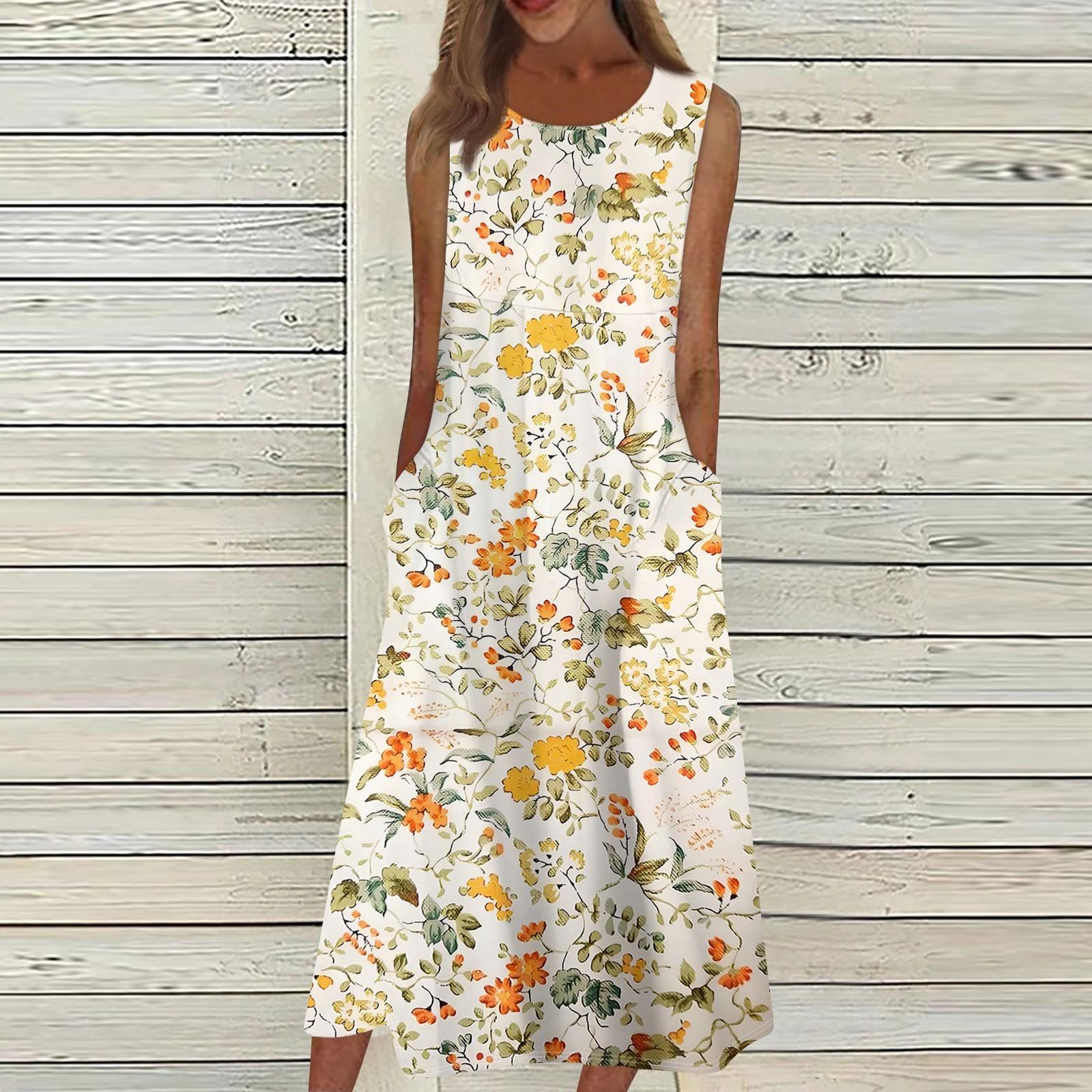 

Жен. Повседневные платья с принтом Круглый вырез Классический Классический На открытом воздухе Повседневные Без рукавов Свободные платья XL жёлтый