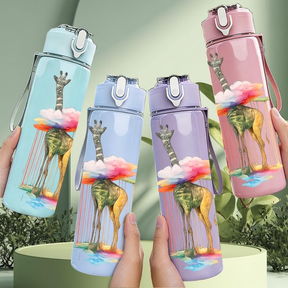 1PC Giraffe Watercolor Animal Print 750ml Color Plastic Sports Water Bottle Leakproof Flip Straw Lid Suitable for Sports Office Home Use