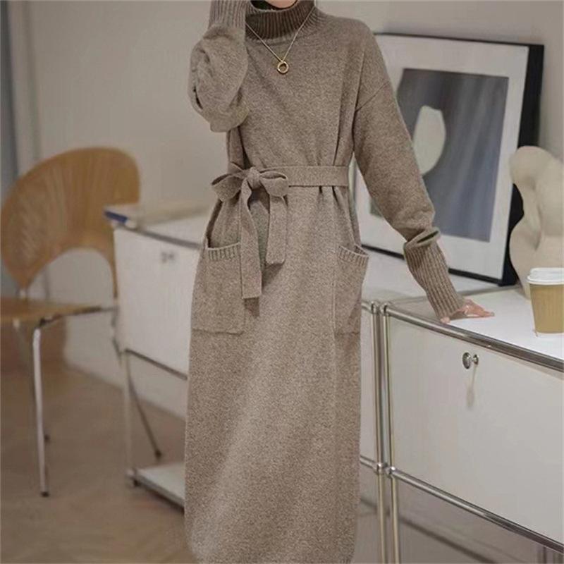 

Стильная и простая водолазка с ремешком на талии и карманом внизу юбка женская осенне-зимняя ленивая длинная вязаная кофта джемпер One Size верблюд