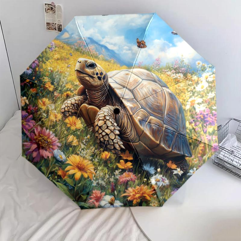Turtle and Flower Pattern, Automatic Folding Umbrella, Portable and Foldable Design, 8 Ribs, a Christmas or Birthday Gift.