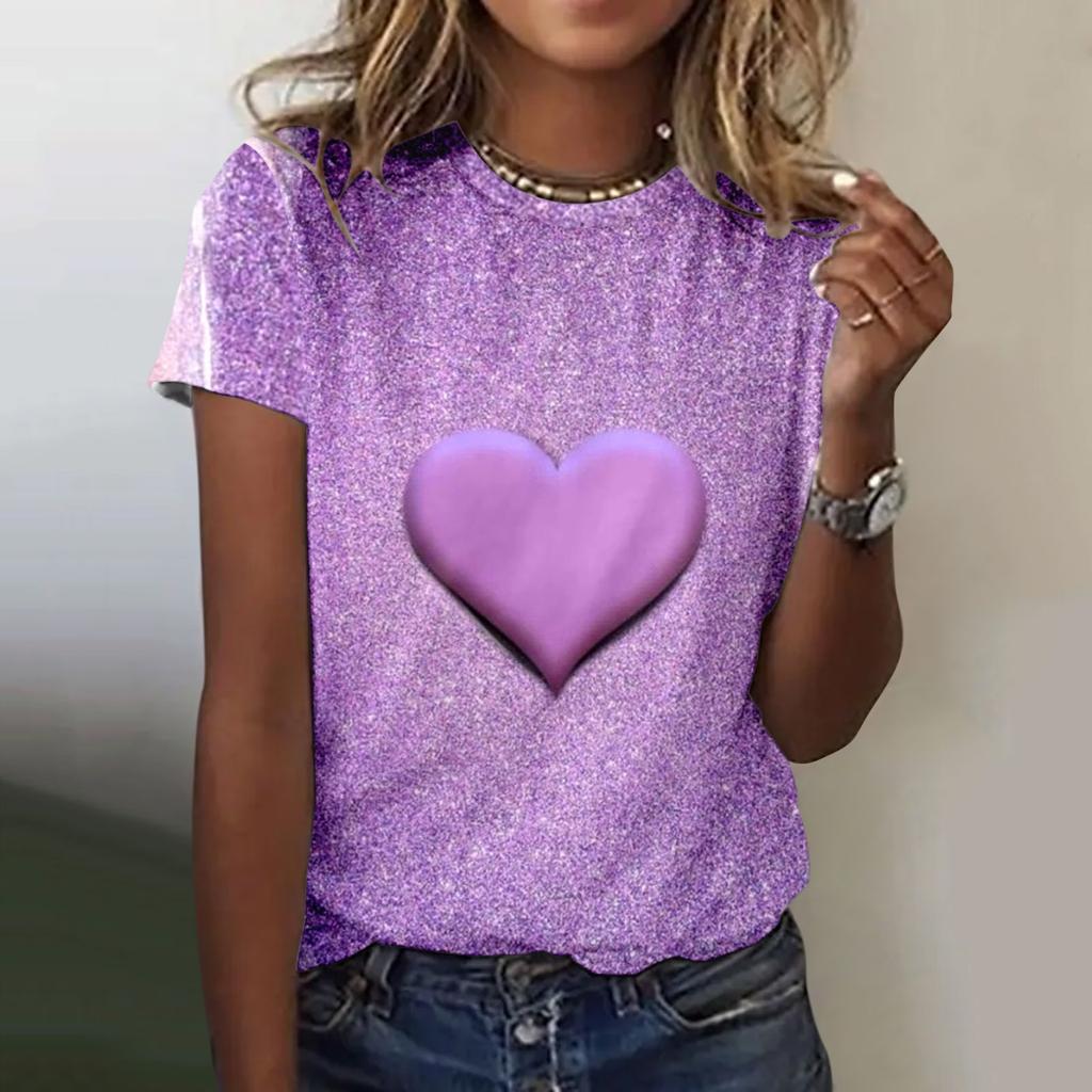 Damen T-Shirt Sommer O-Ausschnitt Top 3D Rot Valentinstag T-Shirt Modisches T-Shirt Vielseitig Große Größe Damen Kurzarm