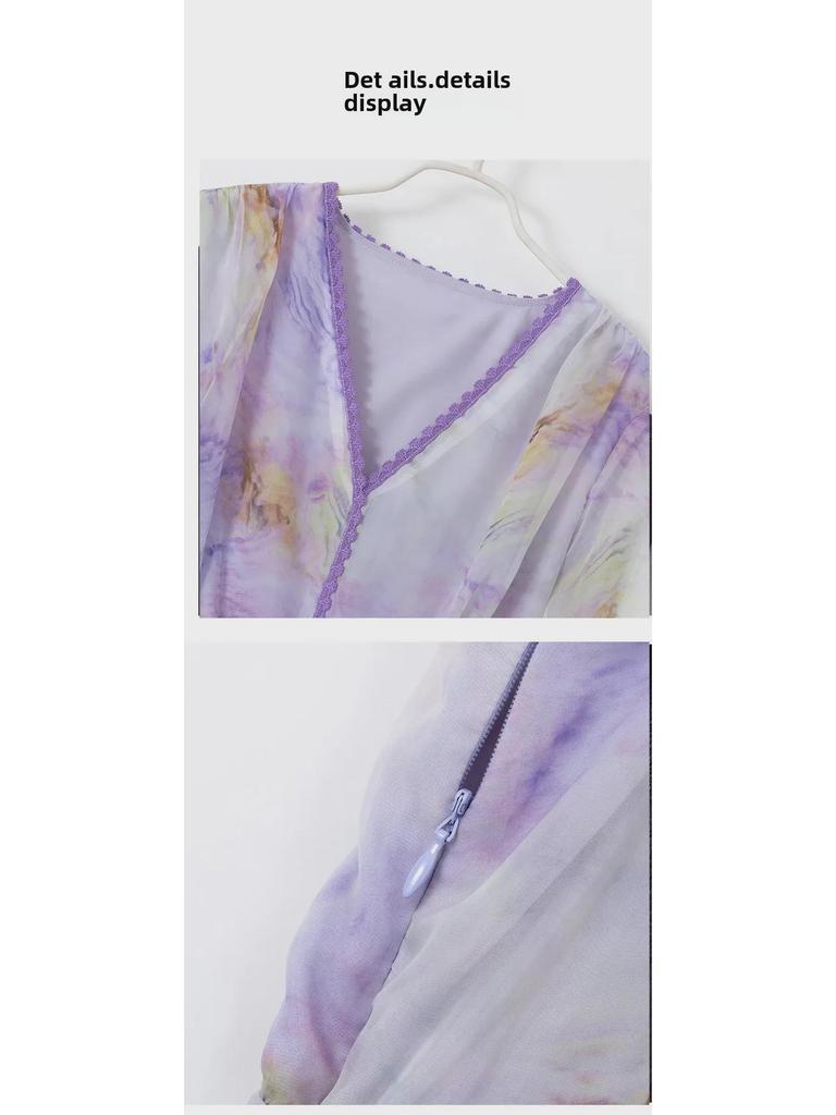 Plus Size Women's Purple Blue Chiffon Tea-Length Dress - Slimming & Flattering, Autumn 2023 Collection