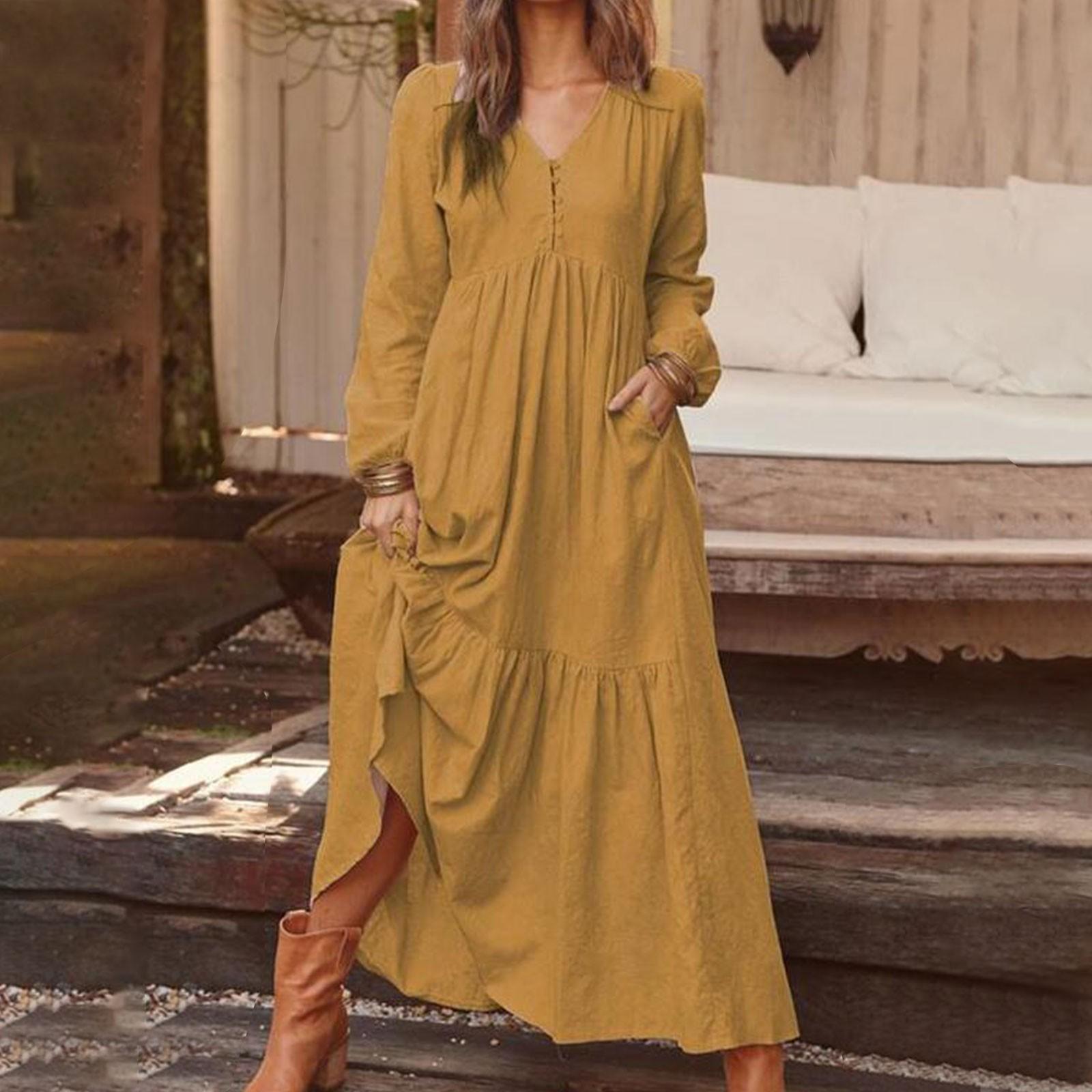 

Women s Button Down Cotton Linen Vintage Casual Long Sleeve Dress L коричневий