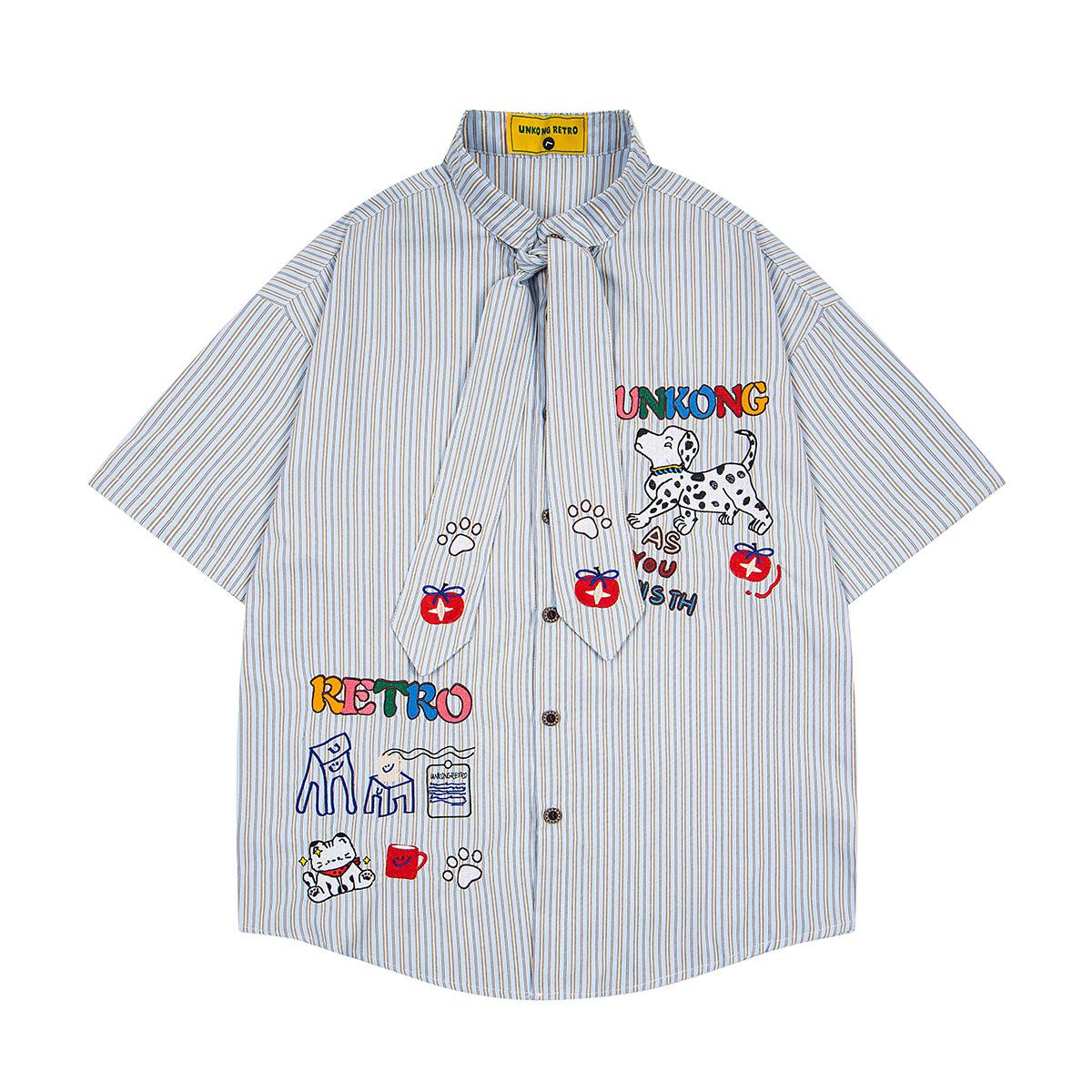 Summer striped shirt short-sleeved couple style antique design cartoon embroidered tie shirt M