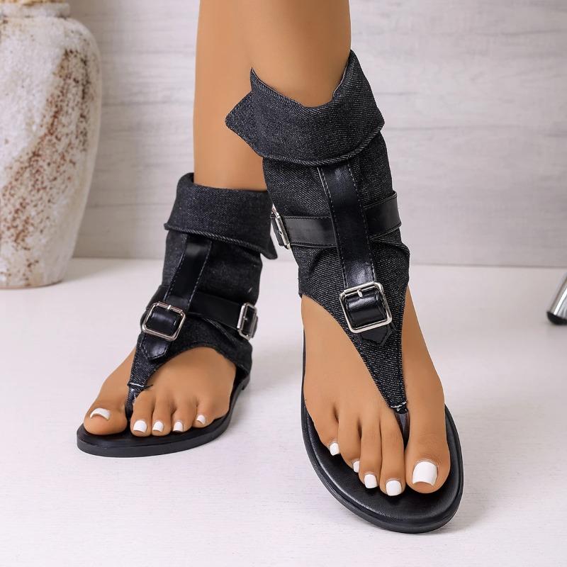 Round Toe Clip Toe Roman Sandals 2026 New Denim Metal Buckle Soft Sole Non-Slip Plus Size Summer High Top Boots