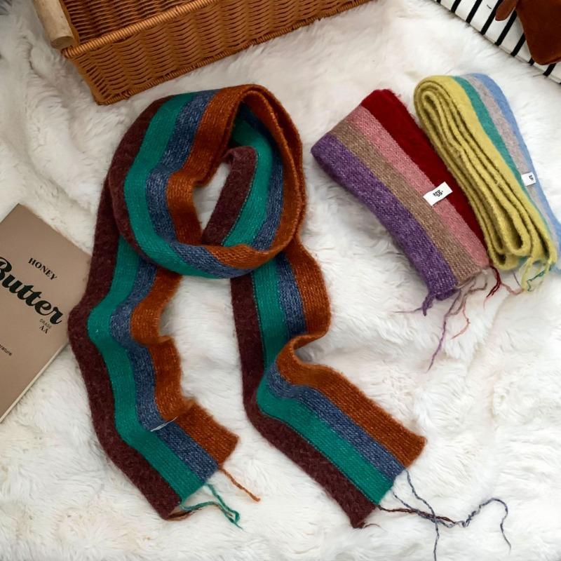 Korean Stylish Rainbow Striped Fringed Knitted Scarf Women Winter Neck Warm Female Scarves Fashion Narrow Long Muffler Female