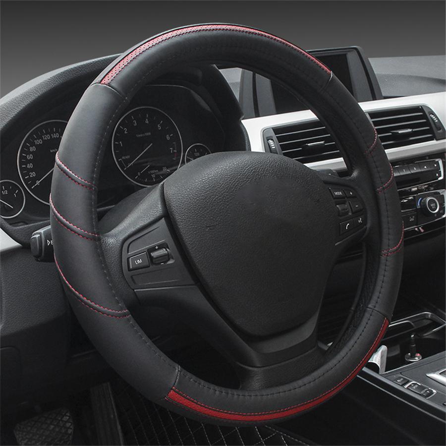 Premium Leather Steering Wheel Wrap - 38cm Red/Black
