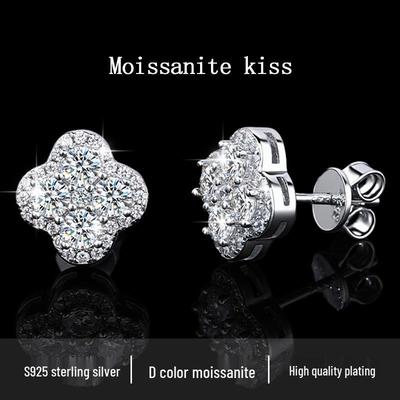 Boucles d'oreilles de luxe en argent sterling 925, trèfle à quatre feuilles en moissanite, lumière d'étoile