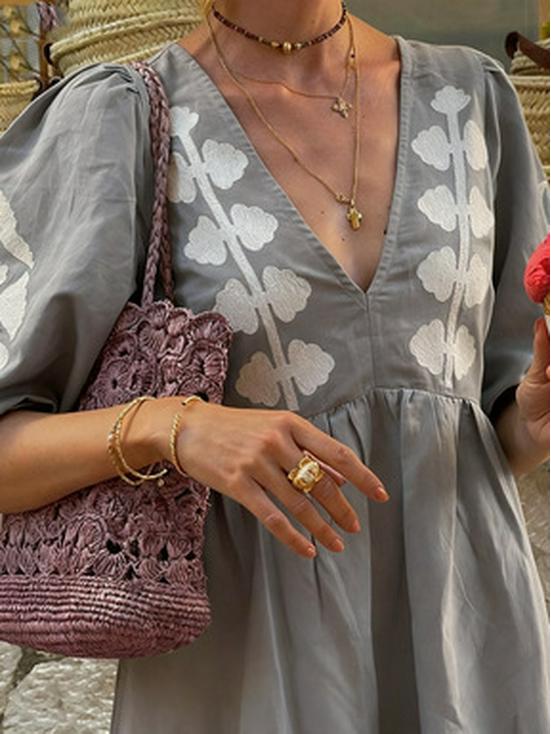 Vestido Casual Holgado para Mujer con Escote en V, Mangas Abullonadas y Espalda Descubierta 2025