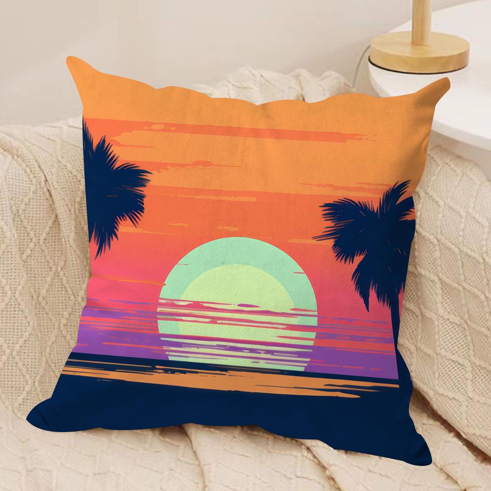 Sunset Palm Tree Fashion Cushion Cover Silky Short Plush Invisible Zipper Dustproof Sofa Pillow Case for Home Decor