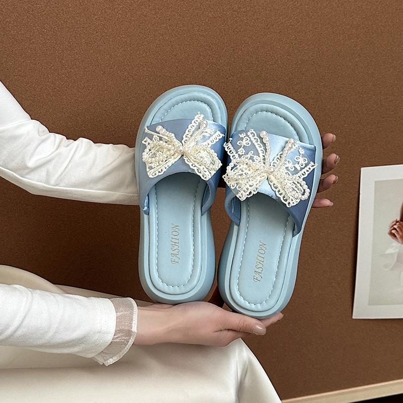 Thick-soled Slippers for Women's New Summer Models, Not Tired of Stepping On Shit, One-word Sandals, Bows, Advanced Sense of Camping Slippers for Wome