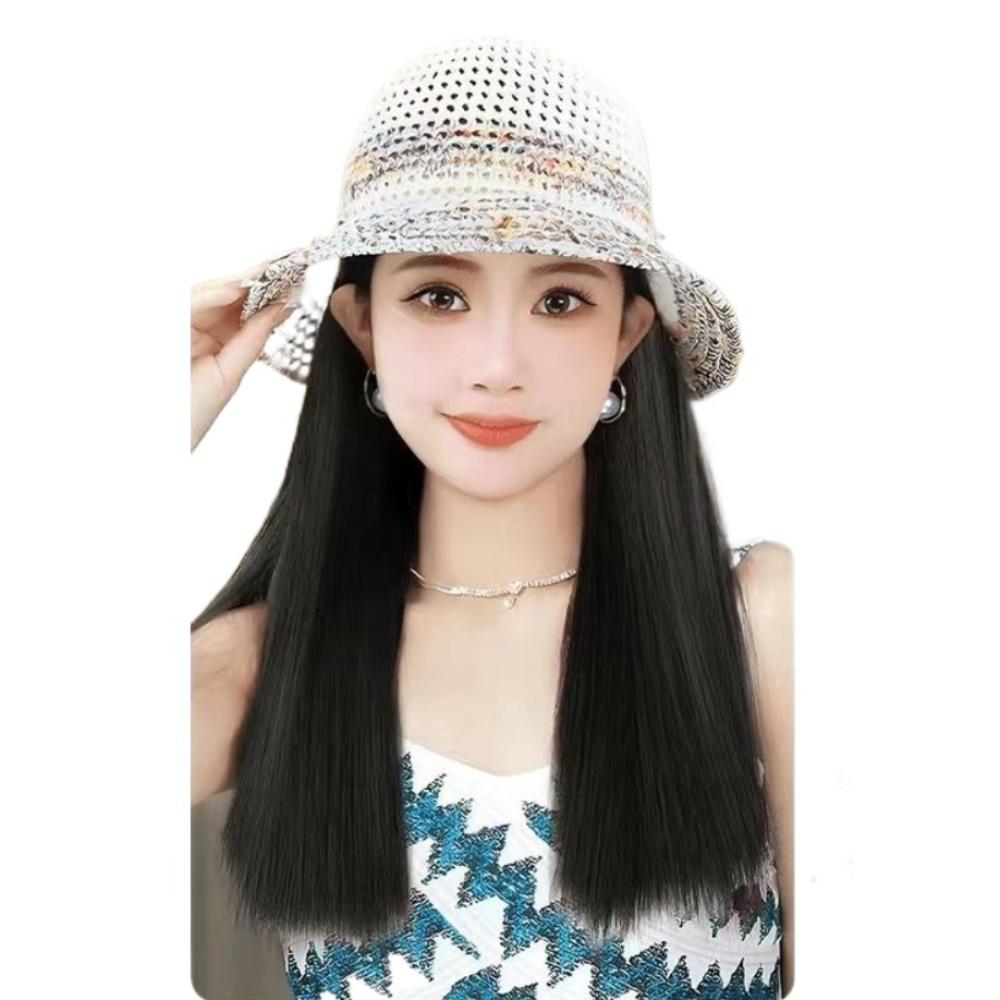 

Rainbow Woven Fisherman Hat Wig Bucket Hat Summer Sunshade Cap Wig Women Straight-Brown&Black