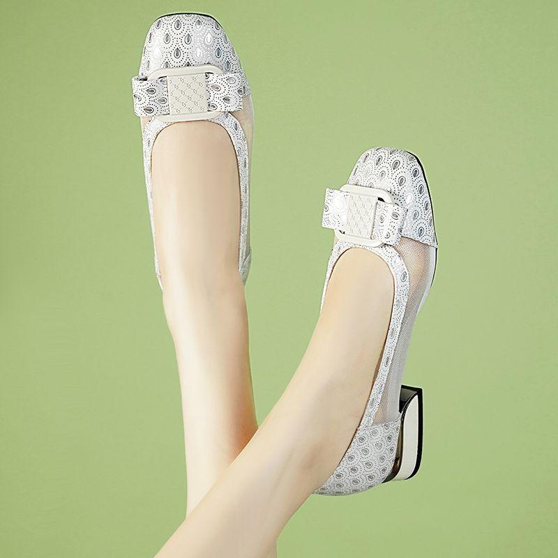 Scarpe Eleganti con Tacco Basso, Punta Tonda, in Rete Traspirante con Fiocco per Donna, Comode, Alta Qualità, Ultimo Modello alla Moda