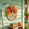 Artificial Autumn Flowers for Wall Wooden Pumpkin Halloween Door Sign with LED Lights Floral Hanging Warm Fall Lighted Wreaths Ornament Window
