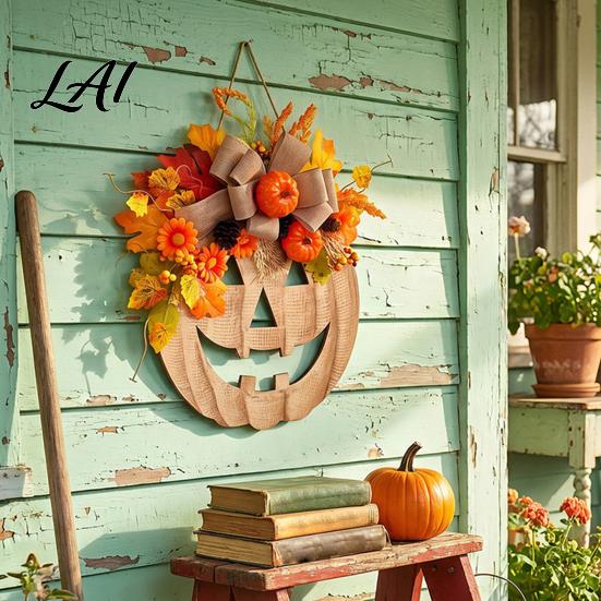 Artificial Autumn Flowers for Wall Wooden Pumpkin Halloween Door Sign with LED Lights Floral Hanging Warm Fall Lighted Wreaths Ornament Window