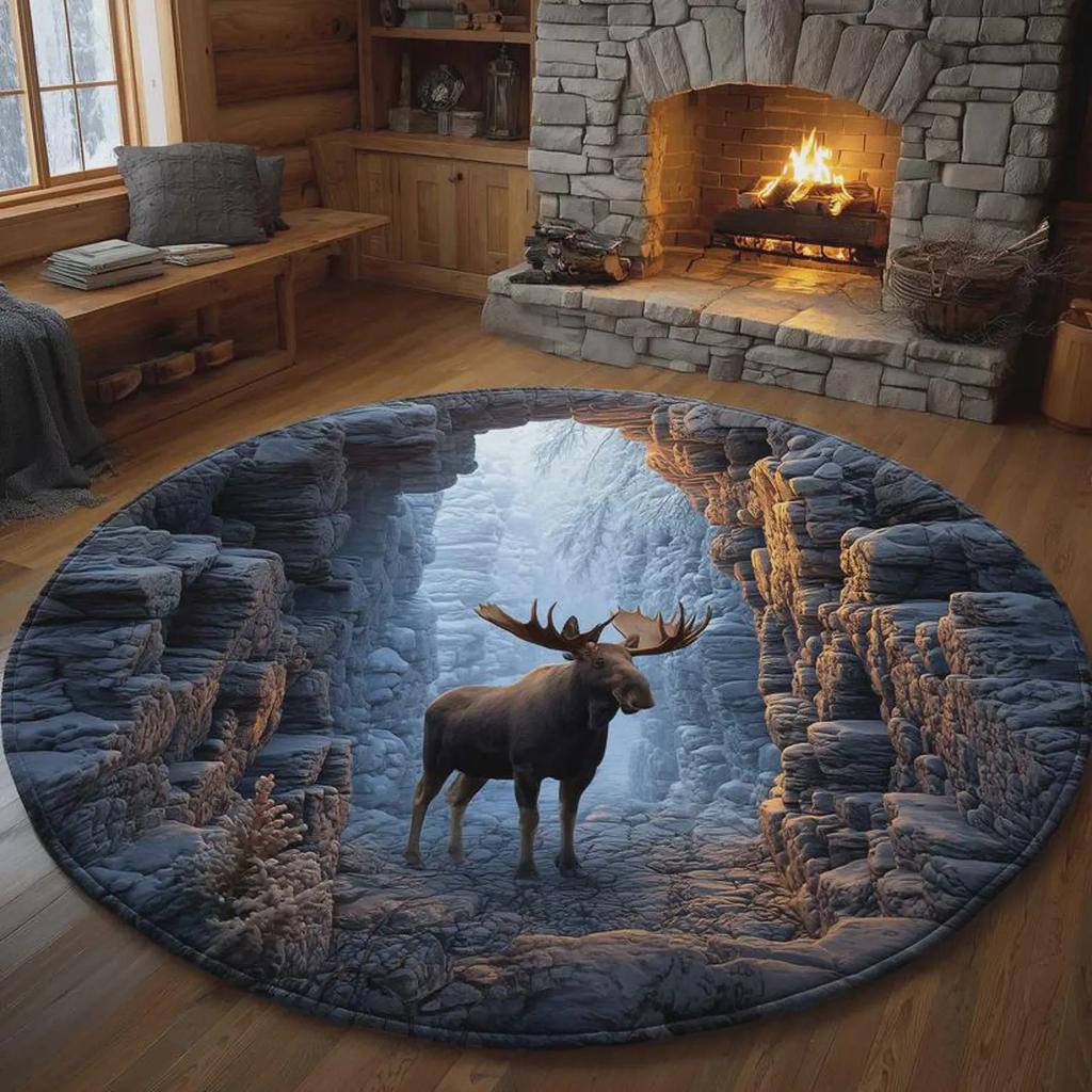 Deer Circular Living Room Mat, Anti Slip Carpet for Placing in The Bathroom Bedroom Living Room Gaming Atmosphere Home Rugs