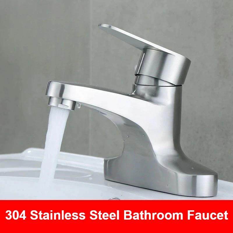 Household Bathroom Mixer Faucet 304 Stainless Steel Basin Taps Single Lever Kitchen Faucet Cold and Hot Mixer Tap Deck Mounted