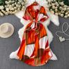Women's Polo Neck Short Sleeve Geometric Print Maxi Shirt Dress High Waist Casual Dress