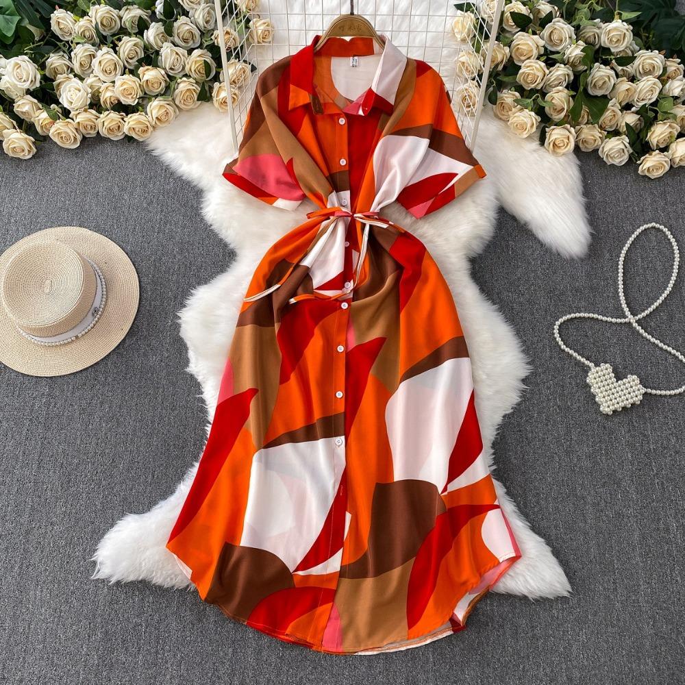 Women's Polo Neck Short Sleeve Geometric Print Maxi Shirt Dress High Waist Casual Dress