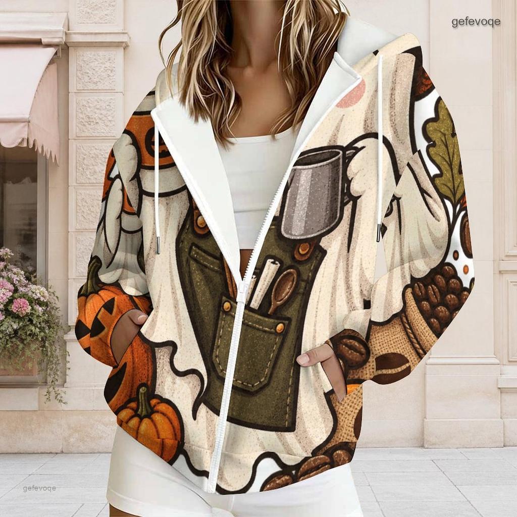 Women Plus Size Zip Up Hoodie Long Sleeve Drawstring Hood Pockets Halloween Printed Sweatshirt