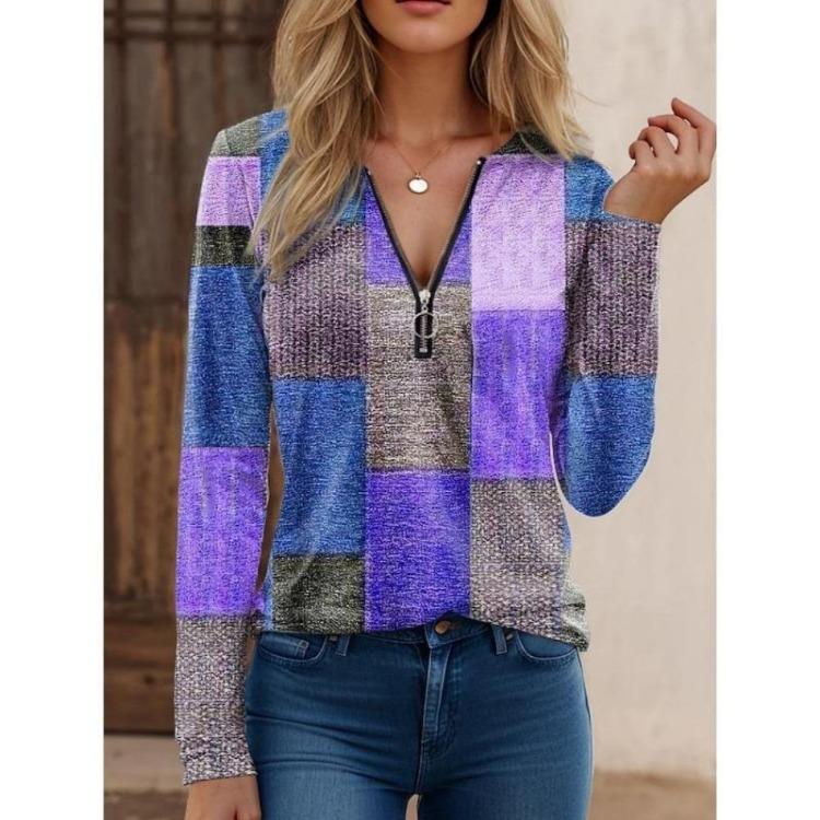 Women's Casual Loose V-Neck Zip Pullover Blouse Long Sleeve Printed Top Fashion Autumn