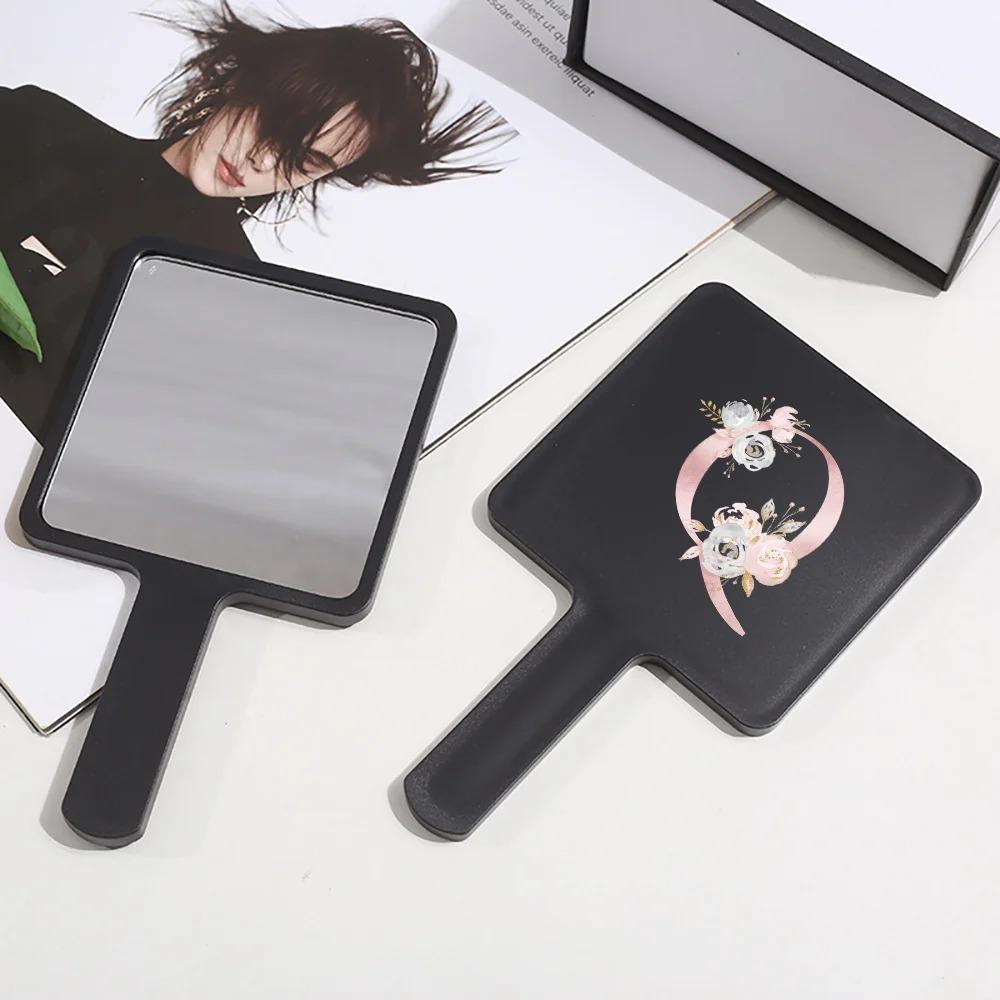 1pc Square Handheld Women Travel Makeup Mirror Chic Handle Dual-Use Desktop Personalized Gift Initial Name 26 Letters Pattern