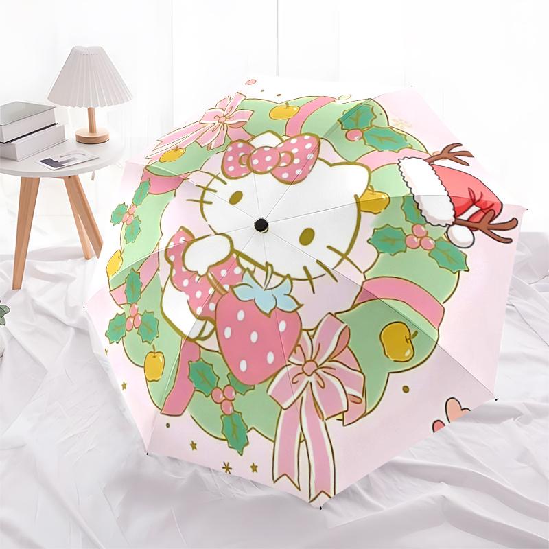 

1pc Hello Kitty Christmas Wreath Design Automatic Opening/Closing Umbrella - Portable Three-Fold Design with 8-Bone Iron Frame - Outdoor, Gift for Fan